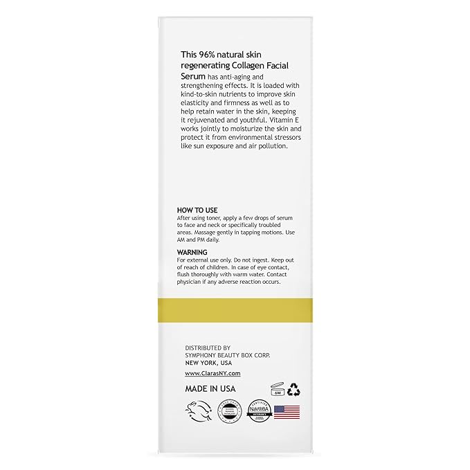 CLARA'S NEW YORK Collagen Facial Serum with Vitamin E – Hydrating, Smoothing & Brightening Skin – 30ml / 1 Fl Oz – Made in USA