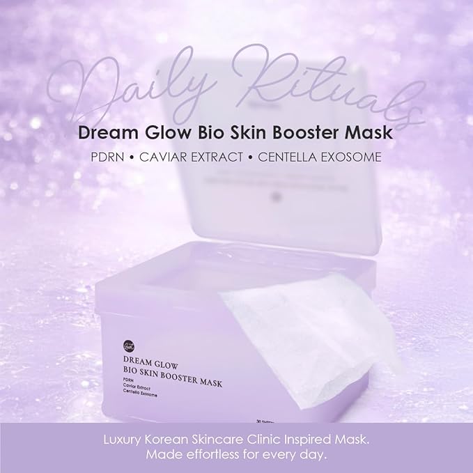 glowiest Dream Glow Bio Skin Booster Sheet Mask (30 Count) – PDRN, Caviar Extract & Centella Exosome, Daily Hydrating & Radiance Boost Mask, Korean Skincare (PDRN + Caviar Extract + Centella Exosome)