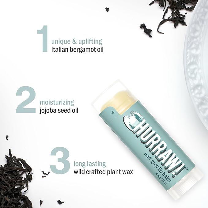 Hurraw! Earl Grey Lip Balm: Organic, Certified Vegan, Cruelty and Gluten Free. Non-GMO, 100% Natural Ingredients. Bee, Shea, Soy and Palm Free. Made in USA