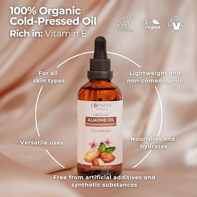 Essences Bulgaria Organic Almond Oil 3.4 Fl Oz | 100ml | 100% Natural Cold-Pressed | Therapeutic Quality | Family Owned Farm | Massage Base | Natural Moisturizer | Ideal Carrier