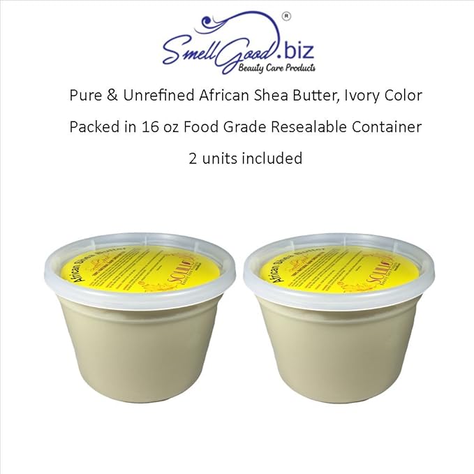SmellGood - Pure Unrefined African Shea Butter, natural and handmade, ivory color, packed in 16 oz food grade resealable container, 2 Units included