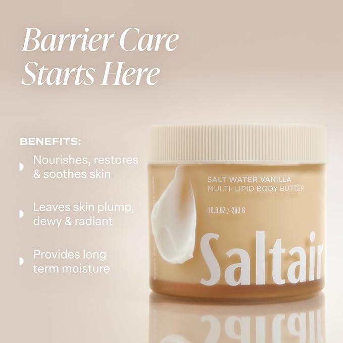 Saltair Multi-Lipid Body Butter - Rich, Nourishing Hydrating Body Cream with Ceramide Complex, Coconut Oil, Shea Butter, and Sea Buckthorn. Moisturizing Dry Skin Care. 10oz Jar - Salt Water Vanilla