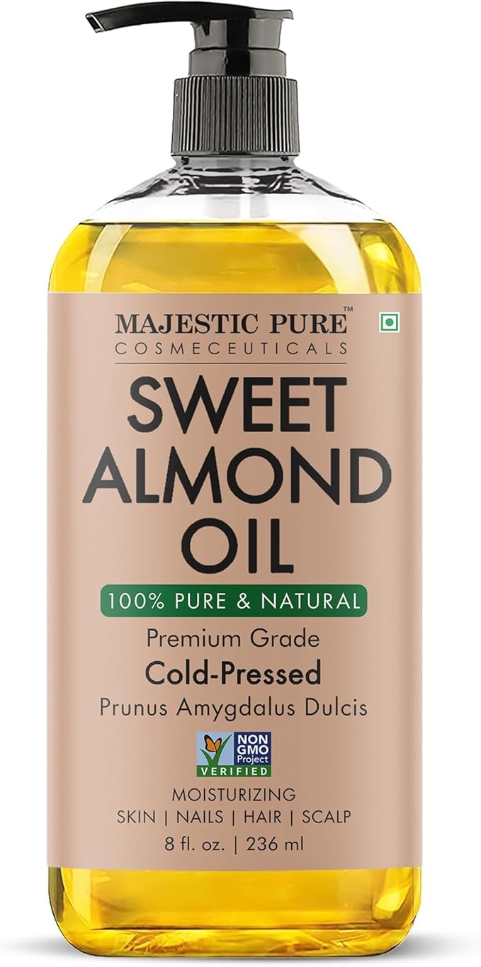 Majestic Pure Sweet Almond Oil 8 Fl Oz - 100% Pure and Natural- Cold Pressed & Hexane Free Natural Hair Growth Oil for Eyelashes, Eyebrows, Skin, Body, Face, Nails & Scalp