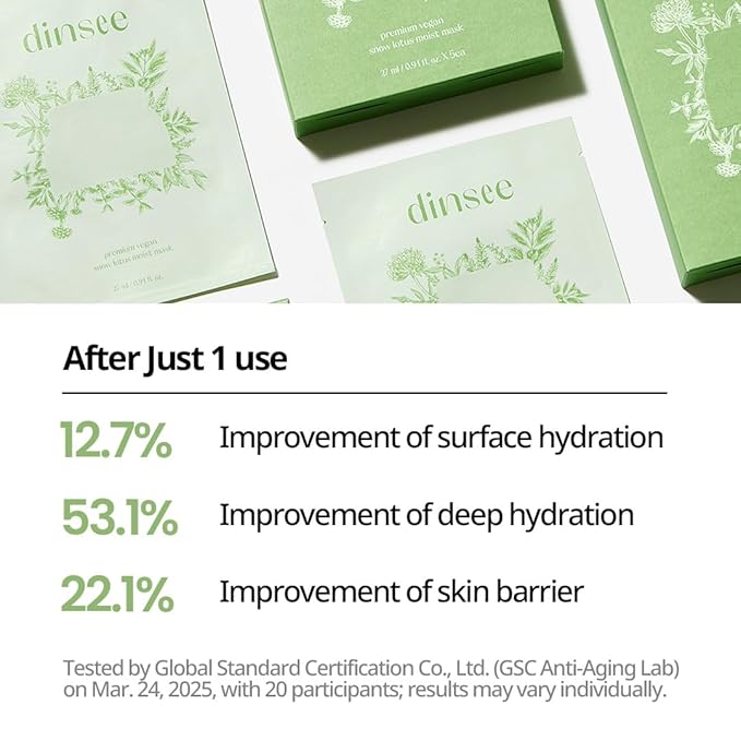 DINSEE Premium Vegan Snow Lotus Hyaluronic Mask Sheet- Hydrating and Moisturizing Sheet Masks, Quick Soothing, For All Skin Types, Korean Skin Care, 27ml × 5ea