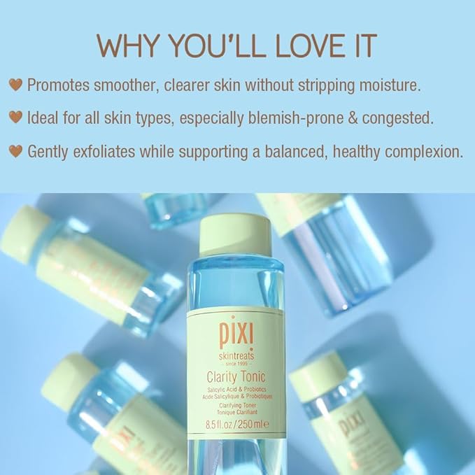 Pixi Beauty Clarity Tonic, AHA & BHA Toner | Minimize Pores, Promote A Clearer, Healthier Complexion, 250 ml