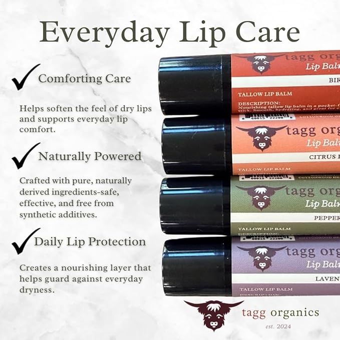 Tallow Lip Balm Variety Pack – Moisturizing Lip Care with Grass-Fed Tallow, Natural Beeswax & Essential Oils, 4 Pack (.15 oz)
