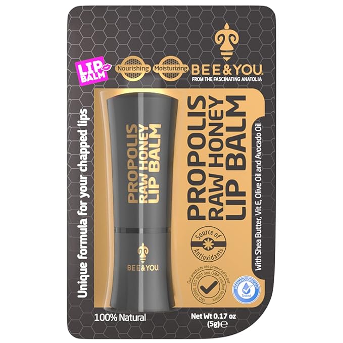 Bee and You 100% Natural Moisturizing Lip Balm, Chapped Lips Treatment Severe, Beeswax with Propolis Extract, Raw Honey, Vitamin E, Shea Butter, Non GMO, Gluten Free, 5g