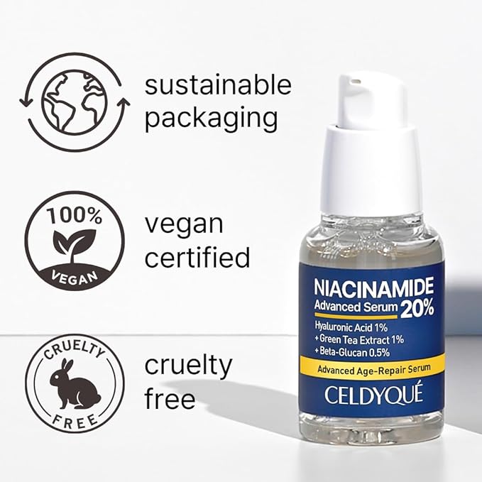 CELDYQUE Niacinamide Advanced 20% Face Vegan Serum w/Vitamin B3 Green Tea Beta-Glucan Damask Rose 63% No-Scent Even Skin Tone Minimize Pores Plump Fine Lines 2 Fl Oz