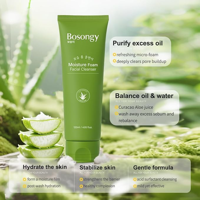 Moisture Foam Facial Cleanser, Korean Skincare Gentle Amino Acid Face Wash with Aloe Vera & Glycerin, Makeup Remover and Hydrating Soothing Cleanser for All Skin Types, 120ml (4.05 fl.oz.)