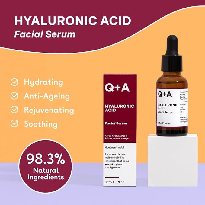 Q+A Hyaluronic Acid Facial Serum (30ml), Natural Hydrating Face Serum, for Plump Skin, Anti Ageing, Fragrance Free, Delivers Deep, Lasting Hydration, Rehydrates and Softens the Skin
