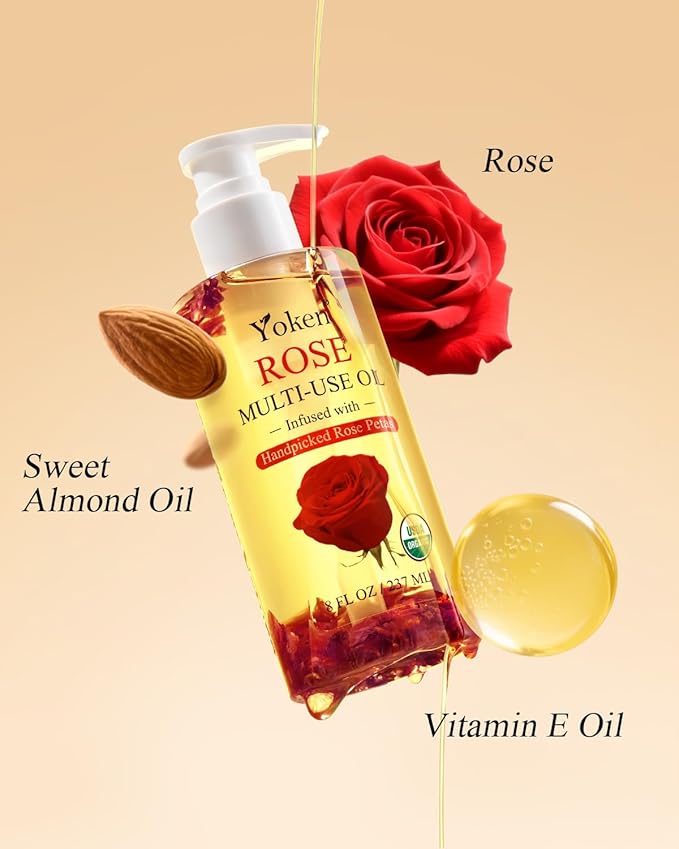 Multi-Used Body Oil For Skin USDA Certified,Face,Hair and Nails,Multi Purpose Organic oil With Rose Petals,Vitamin E & Almond Oil Nourishing & Hydrating ,Body Oil for Moisture & Skin After Bath Oil