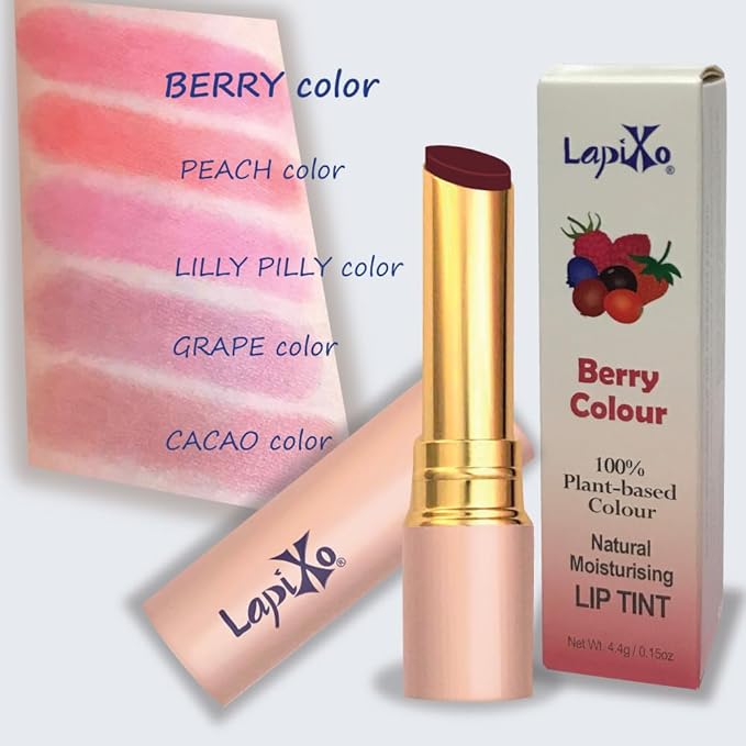 LAPIXO 100% Plant-based Color Lip Tint, Unique Formula, Natural + Moisturizing | 2-in-1 | All Food Ingredients, Non-Toxic, Antioxidant-rich, Natural Matte Sheer, Buildable, 4.4g/0.15oz (Berry color)