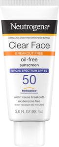 Neutrogena Clear Face Sunscreen Lotion for Acne-Prone Skin, Broad Spectrum SPF 50, Sunscreen for Face & Oily Skin, Oil-,Fragrance- & Oxybenzone-Free, Water Resistant, Matte, Unscented, 3 Fl Oz