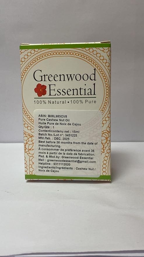 Greenwood Essential Cashew Nut Oil (Anacardium occidentale) with Glass Dropper | Infused | Pure | Non-Sticky | Lightweight | Moisturizing | For Skin & Hair | Multi-Purpose Use | Unisex |15ml (0.50 oz)