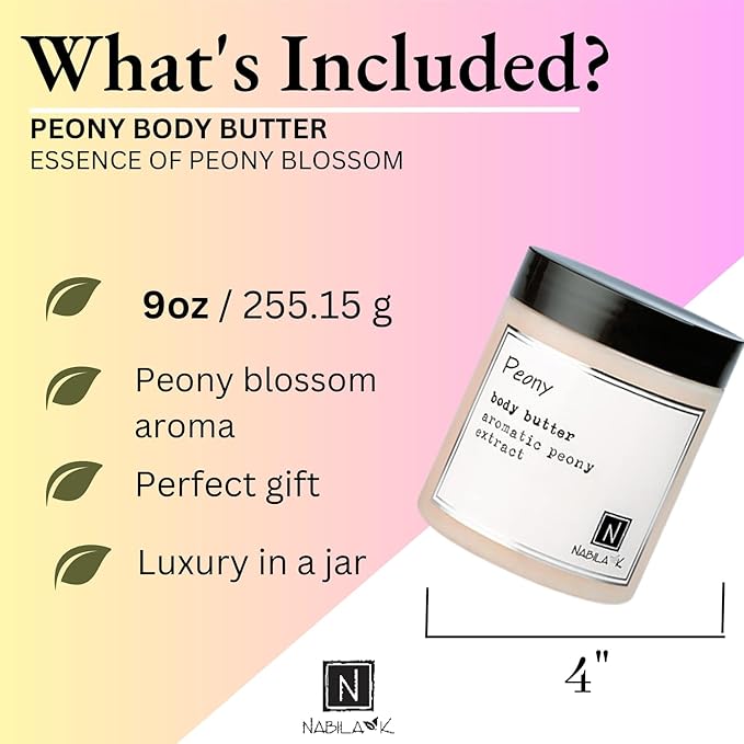 Nabila K Body Butter - Daily Moisturizer for Body Care - Skin Hydrating Deep Moisturizing - Natural Ingredients - Peony - 9 oz