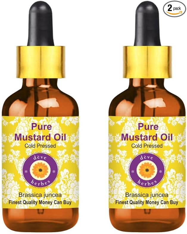 Deve Herbes Mustard Oil (Brassica juncea) with Glass Dropper | Cold Pressed | Pure | Natural | For Diluting Essential oils | Hair, Skin & Massage | Non-Sticky| Lightweight| Unisex | 50ml X 2 (3.38 oz)
