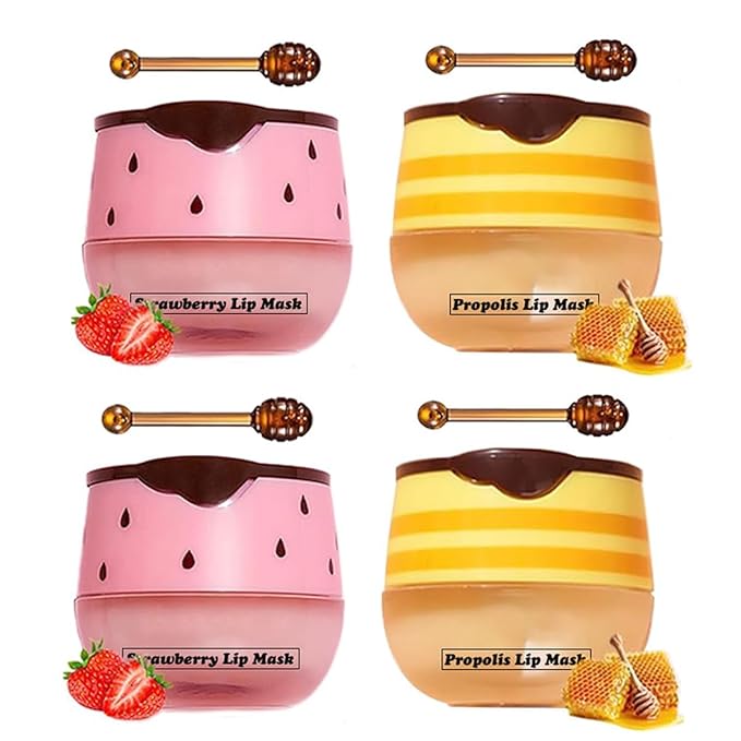 4 PCS Honey Lip Mask, Strawberry & Watermelon & Apple Lime Lip Sleeping Mask Propolis Moisturizing Lip Balm with Stick, Vitamin E Lip Masks, Repairs And Prevents Chapped Lips (Honey & Strawberry)