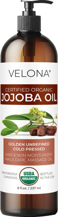 velona Jojoba Oil USDA Certified Organic - 8 fl oz (With Pump) | 100% Pure and Natural | Golden, Unrefined, Cold Pressed, Hexane Free | Moisturizing Face, Hair, Body, Skin Care