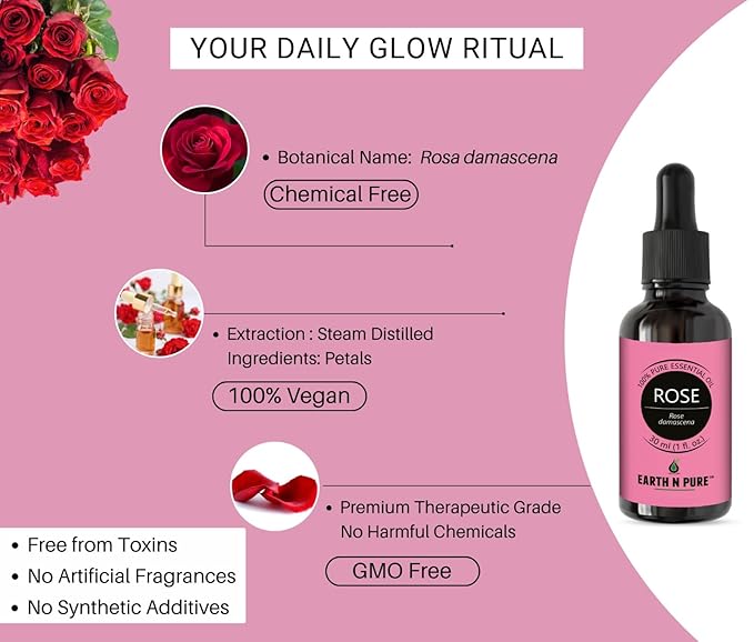 Earth N Pure Rose (Gulab Oil) Essential Oil Natural and Therapeutic Grade with Glass Dropper - 100 ml