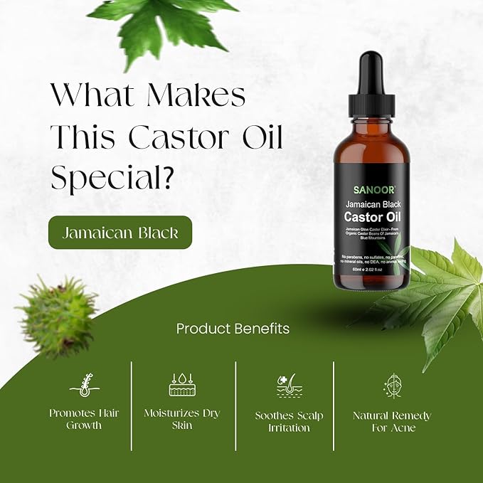 SANOOR Jamaican Glow Castor Elixir Oil | 100% Pure and Natural - Premium Grade Leave In Oil for Hair Growth, Eyelashes and Eyebrows| Infused with Nutrients Pure Hair Butter | Cold-pressed | 60ml