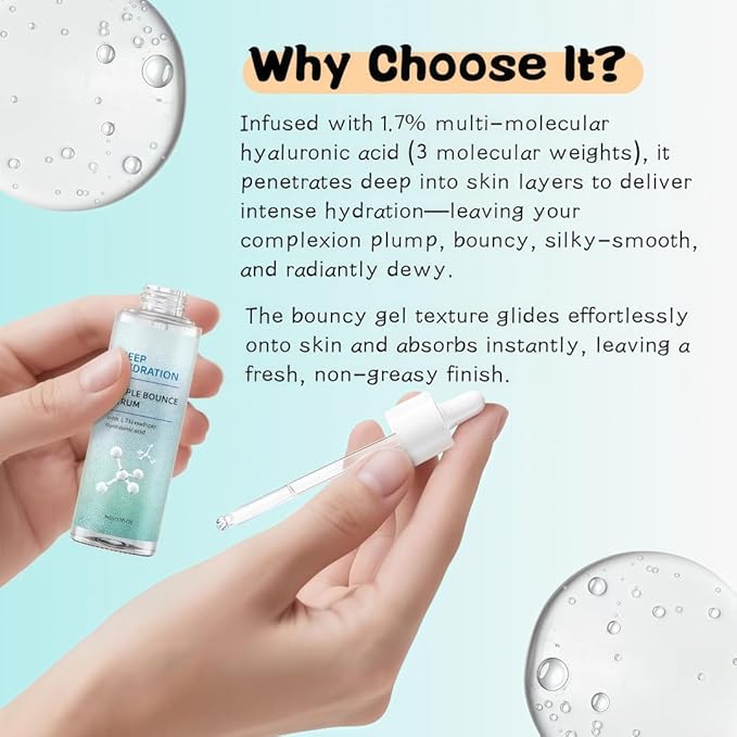 Triple Bounce Hyaluronic Acid Serum 1.7% Multi-Molecular Weight, Lightweight Daily Face Serum for Deep Hydration Plumping Bouncy Skin, Vegan Cruelty-Free Moisturizing Facial Serum 30ml/1 Fl Oz