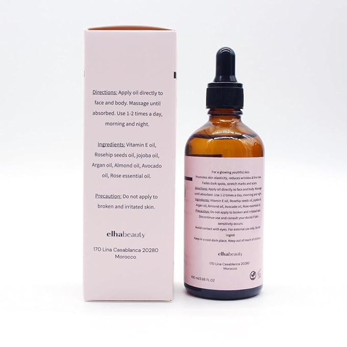 Vitamin E Rose Oil with Organic Rosehip, Avocado, Jojoba, Argan and Almond Oils, Face and Body Moisturizer for a Firm and Healthy Skin, 3.88 fl oz