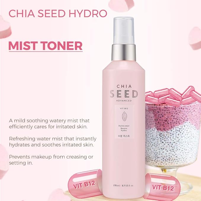 THE FACE SHOP Chia Seed Hydro Hydrating Mist | Mild Soothing Watery Mist with Instant Hydration & Soothes on Irritated Skin | Formulated for Intense, Upgraded & Hydrating Care, 5.5 Fl Oz