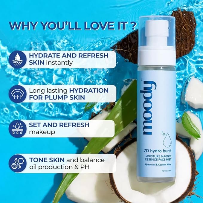 Moody 7D Hydro Burst Hydrating Face Mist & Toner with Hyaluronic & Coconut Water |Face Mist for Soothing and Pore Tightening |Alcohol-Free Toner for Glowing Skin |100% Vegan | 72 Hour Hydration,110ml