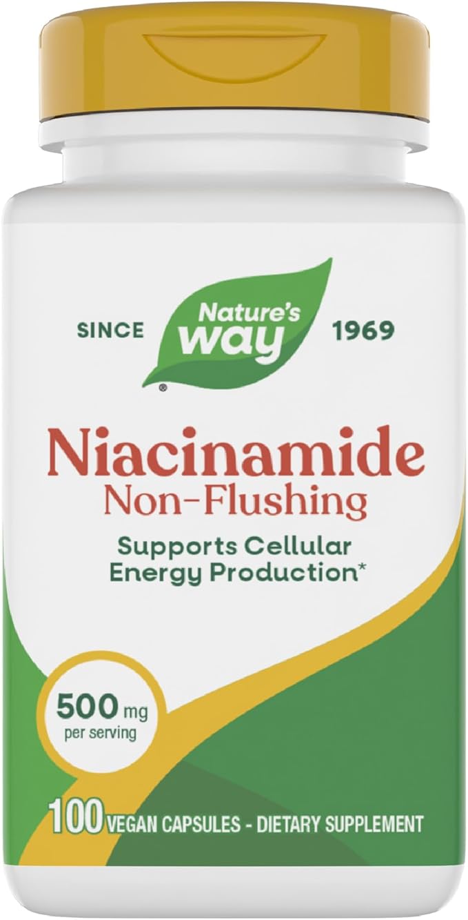 Nature's Way Niacinamide, Non-Flushing Vitamin B3, Supports Cellular Energy*, 500 mg per Serving, 100 Capsules (Packaging May Vary)