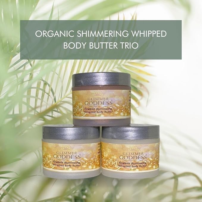 GLIMMER GODDESS Shimmer Body Butter with Organic Whipped Shea Butter for Hydration, Moisturizing & Silky Natural Glow - Bronze, Diamond & Gold in Sexy, 2oz, Pack of 3