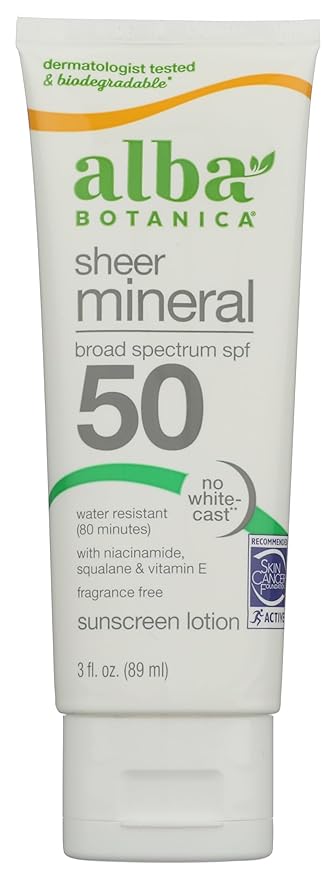 Alba Botanica Mineral Sunscreen Lotion SPF 50, Broad Spectrum, Fragrance Free, 3 Fl Oz (Packaging May Vary)