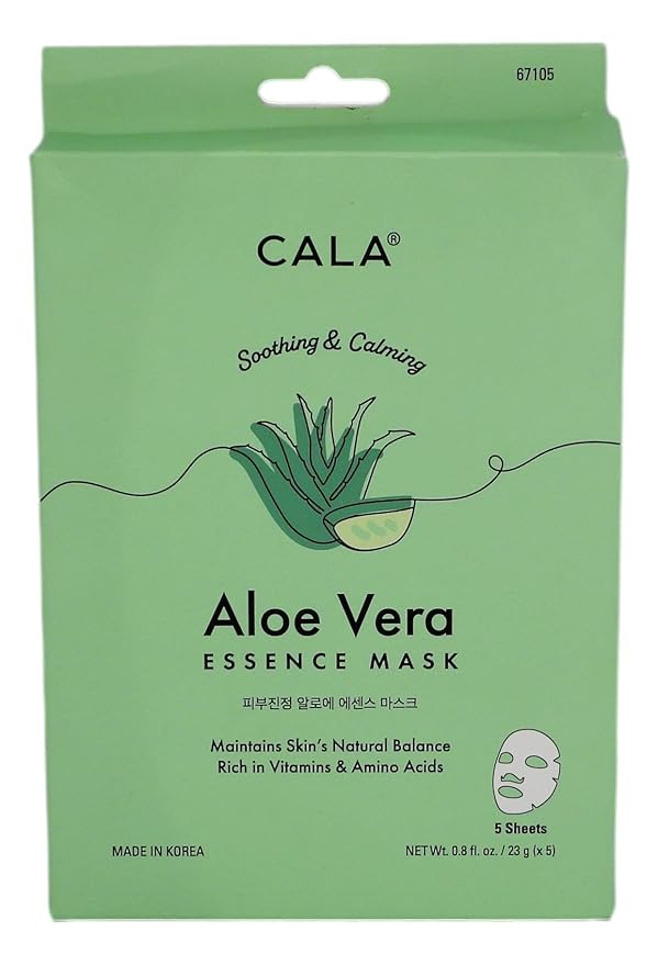 Cala Aloe Vera Essence Facial Sheet Masks (5 Pack) - Ultra-Thin Face Mask Sheets with Plant Extracts + Amino Acids, Hydrating & Soothing, For Dry/Dull Skin, No Rinse