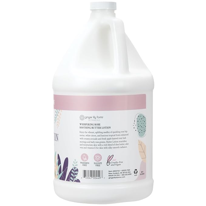 Ginger Lily Farms Botanicals Soothing Butter Lotion for Dry Skin, 100% Vegan & Cruelty-Free, Whispering Rose Scent, 1 Gallon (Pack of 4)