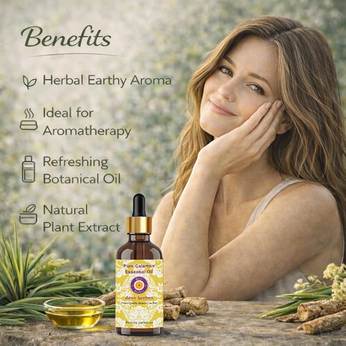 Deve Herbes Pure Calamus Essential Oil (Acorus Calamus) Steam Distilled 10ml (0.33 oz)