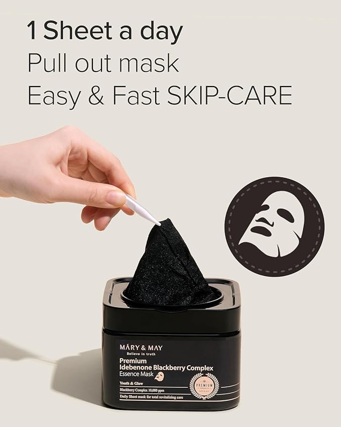 Mary&May Premium Idebenone Blackberry Complex Essence Mask (20 Sheets) – Bamboo Charcoal Sheet, Daily Pull-Out Dispenser Korean Face Mask with Vitamin C, Panthenol & Ceramide for Hydrating Radiance