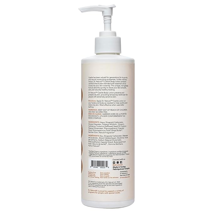 Dr. Natural Castile Body Lotion, Shea Butter, 16 oz - Plant-Based - Paraben-Free, Sulfate-Free, Cruelty-Free - Made with Organic Shea Butter - Non-Greasy - Body Lotion for Dry Skin (Pack of 2)
