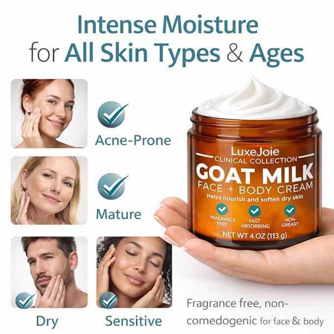 LuxeJoie Goat Milk Face Cream Fragrance Free Moisturizer for Dry & Sensitive Skin Fast Absorbing Non Greasy Hydration Gentle Goat Milk Face & Body Lotion with Shea Butter 16 oz