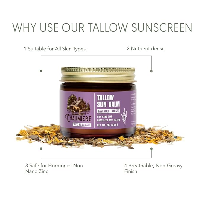 Lavender Tallow Sunscreen SPF 50 – Grass-Fed Beef Tallow Balm with Carrot Seed Oil & Non-Nano Zinc – Organic Face & Body Moisturizer, Reef Safe, Naturally Scented – 2.5oz, Made in USA