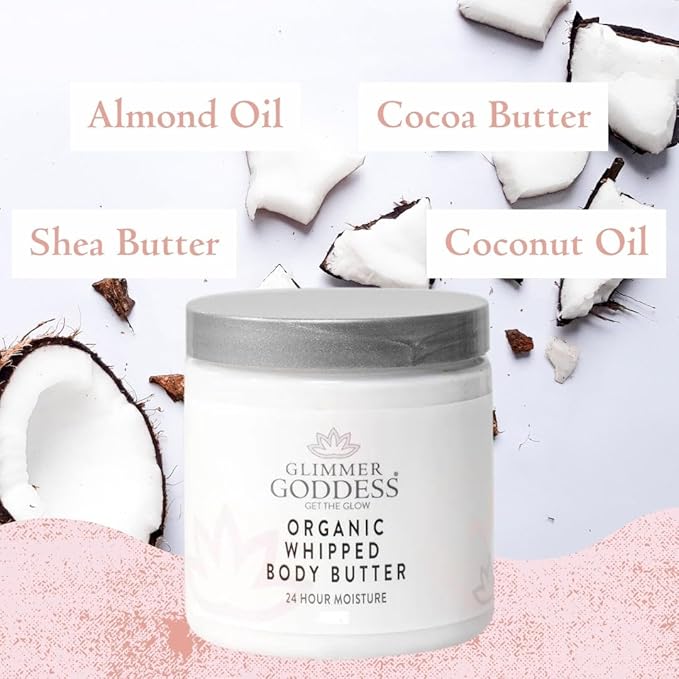 GLIMMER GODDESS Organic Whipped Body Butter, All-Natural Moisturizing, Anti-Aging & Brightening, Made with Organic Shea Butter, Coconut Oil, Cocoa Butter, Essential Oils, Citrus Crush