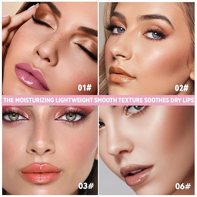 4Pcs Summer Lip Butter Lip Balm Glow Reviver Lip Gloss, Melting Lip Serum, Ultra-Hydrating Natural Vegan Lip Balm, Sheer-Tinted Shine & Hydration, Soothes & Softens Dry Lips (01+02+03+06, 4Pcs)