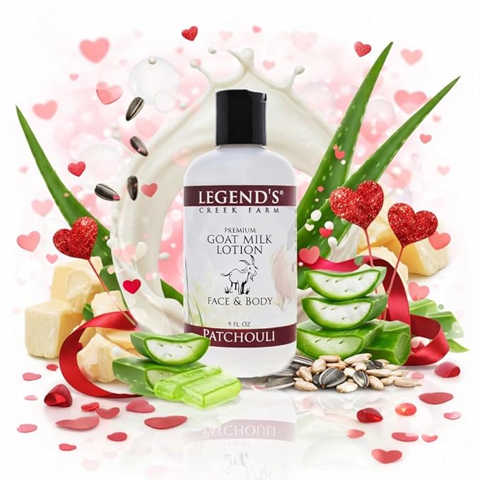 Legend's Creek Farm Goat Milk Lotion - Deeply Moisturizing Goat Milk Body Lotion for Body, Hand & Face - 9 oz Body Moisturizer with Shea Butter, Sunflower Oil, Aloe, Handmade in USA (Patchouli L.)