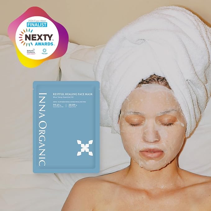 INNA ORGANIC Sheet Mask - Nexty Award Finalist, Sleep Well Glow, Overnight Renewal, Restful Healing, Sustainable & Clean Beauty (Pack of 5) | Blue Tansy Essential Oils Infused Skin Care