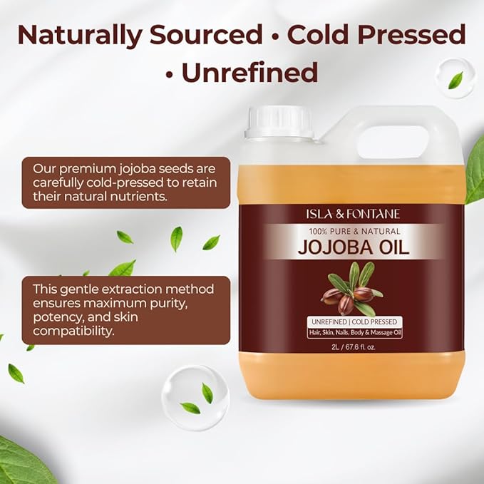 ISLA & FONTANE Jojoba Oil Set – 67.6 Fl Oz (2L) | 100% Pure & Natural | Golden, Unrefined, Cold Pressed | 2 Dropper Bottles & Massager | Hexane-Free Carrier Oil for Skin, Hair, Face, Nails & Body