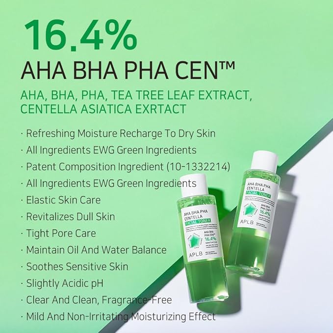 APLB AHA BHA PHA Centella Facial Toner | AHA BHA PHA CEN™ 16.4% 5.41 FL.OZ/Korean Skincare, Exfoliant, Replenishing Moisture, Revitalize for Gentle and Improve Skin Texture
