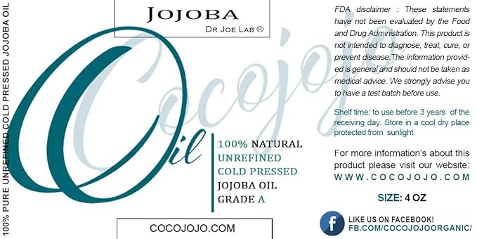 cocojojo Jojoba Oil Organic, Jojoba Oil for Hair Growth, Jojoba Oil for Skin, Jojoba Oil for Face, 100% Pure Natural, Cold Pressed, Deep Moisturizing Anti-Aging, Essential Oils - 4 Fl Oz