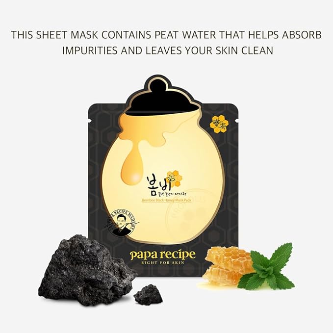 Papa Recipe Bombee Black Honey Sheet Mask 10 Sheets – Sensitive Skin Friendly, Pore Purifying & Smoothing Skin Texture for Clearer Skin, Korean Skincare Face Mask for Dry & Dull Skin