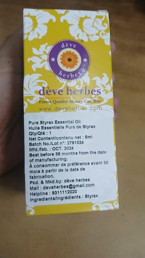 dève herbes Styrax Essential Oil (Liquidambar styraciflua L) Pure | Non-Sticky | Non-Greasy | Lightweight | Men & Women | All Skin Types | Steam Distilled 5ml (0.16 oz)