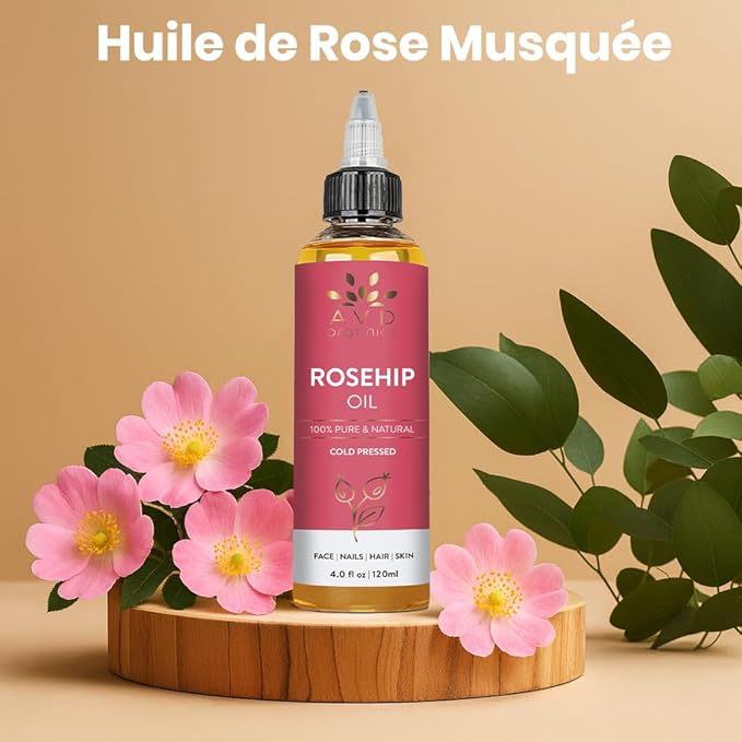 AVD ORGANICS Rosehip Oil for Face 120ml – 100% Pure, Cold-Pressed Huile de Rose Musquée | Rose hip Oil for Face, Skin, Hair, Scalp & Nails | Moisturizing for Daily Use (4.05 fl oz)