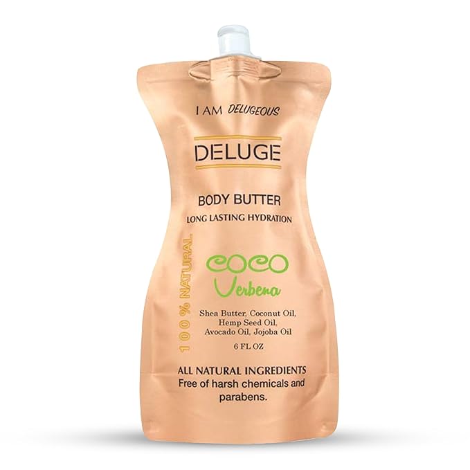 DELUGE coco verbena Body Butter for Women & Men – 100% Organic Body Butter for Dry Skin - USA Made Natural Body Butter with Long Lasting Hydration & Non-Greasy Finish (6 FL OZ)