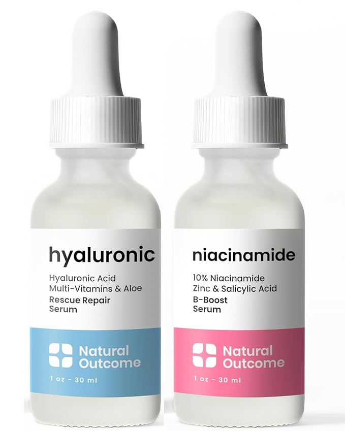 Natural Outcome Hydrating Hyaluronic Acid Serum and 10% Niacinamide Face Serum - Lightweight Anti Aging Facial Serum Set 1 oz Each, Vegan, Cruelty Free & Fragrance Free